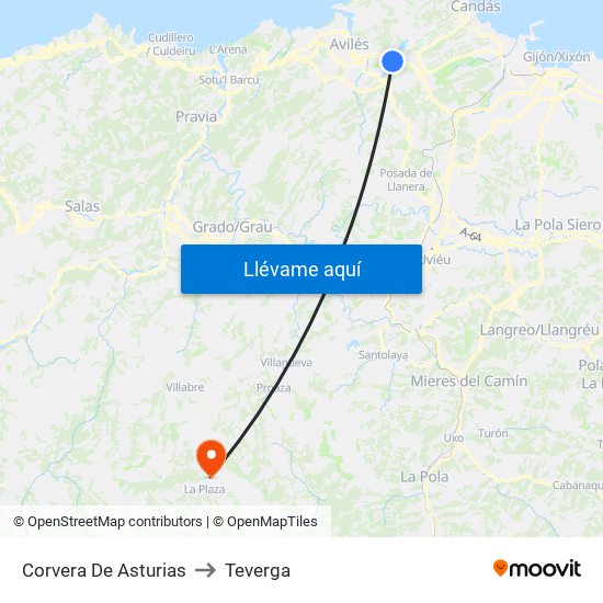 Corvera De Asturias to Teverga map