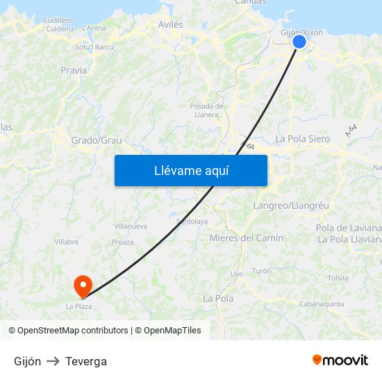 Gijón to Teverga map