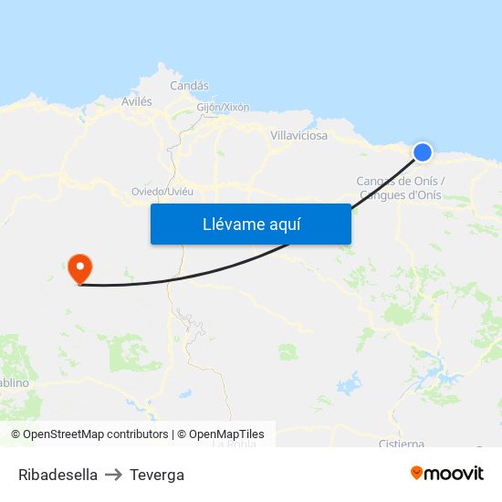 Ribadesella to Teverga map