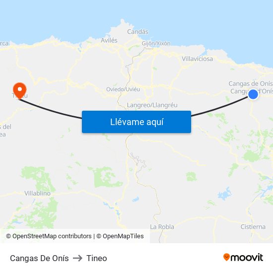 Cangas De Onís to Tineo map