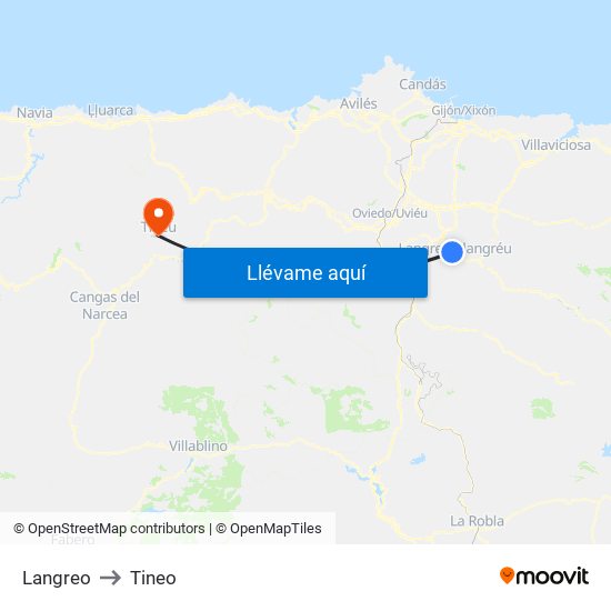 Langreo to Tineo map
