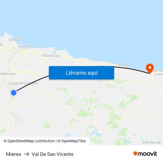 Mieres to Val De San Vicente map