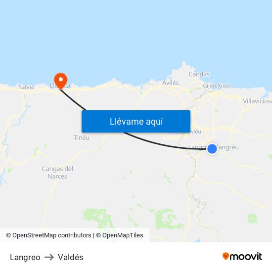 Langreo to Valdés map