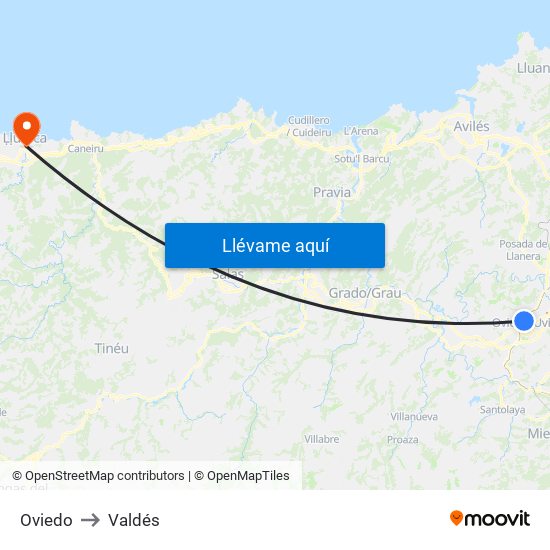 Oviedo to Valdés map