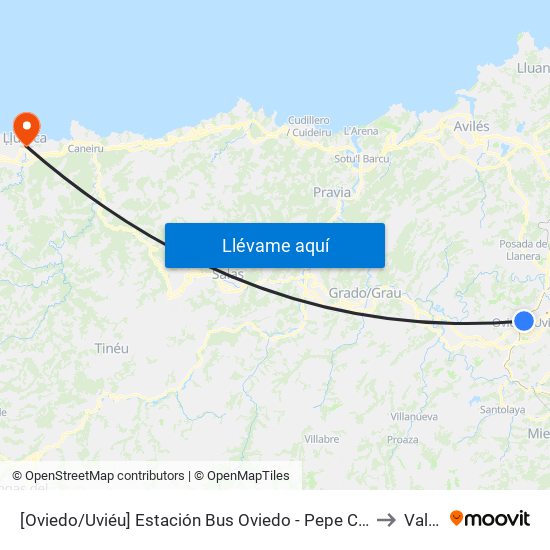 [Oviedo/Uviéu]  Estación Bus Oviedo - Pepe Cosmen [Cta 01549] to Valdés map