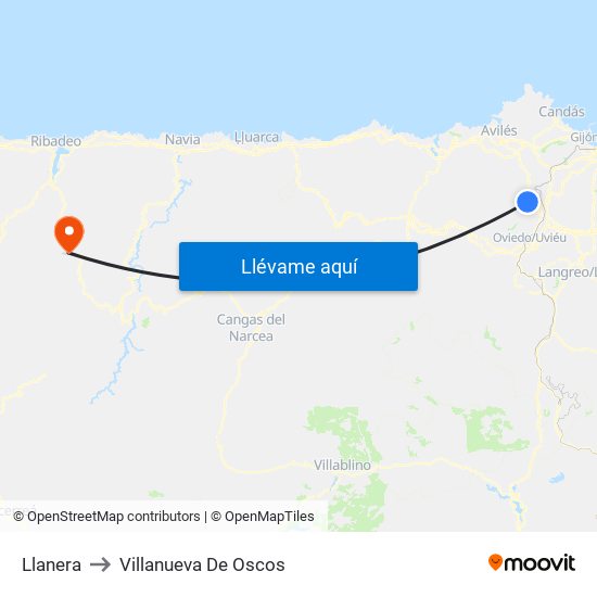 Llanera to Villanueva De Oscos map