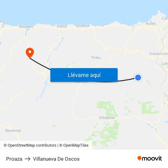 Proaza to Villanueva De Oscos map
