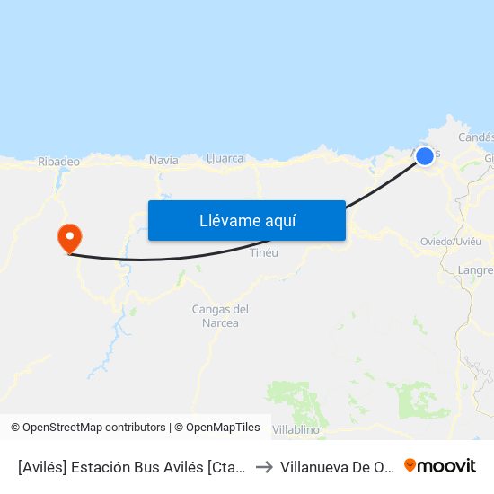 [Avilés]  Estación Bus Avilés [Cta 00161] to Villanueva De Oscos map