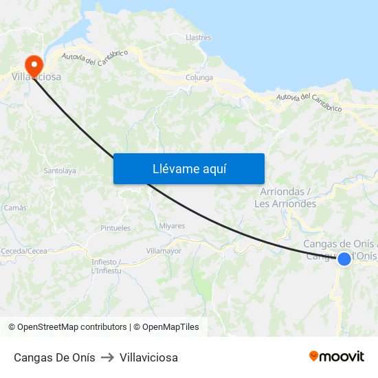 Cangas De Onís to Villaviciosa map