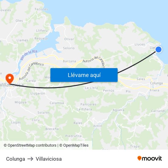Colunga to Villaviciosa map
