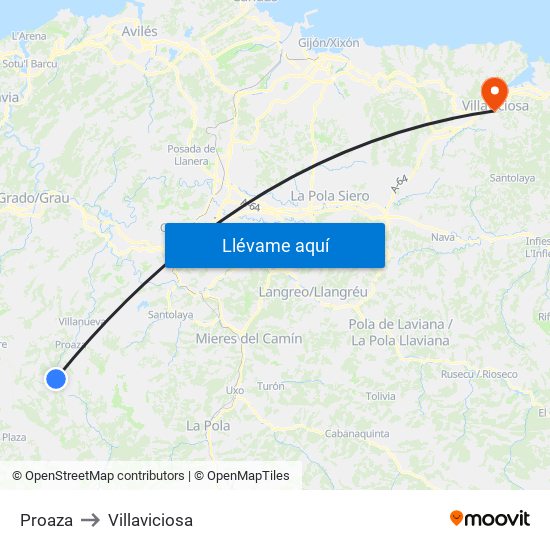 Proaza to Villaviciosa map