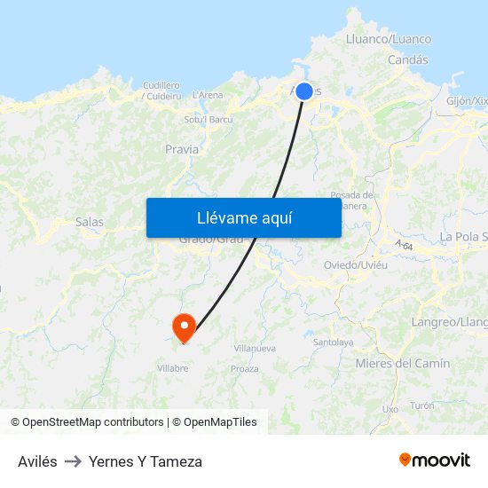 Avilés to Yernes Y Tameza map