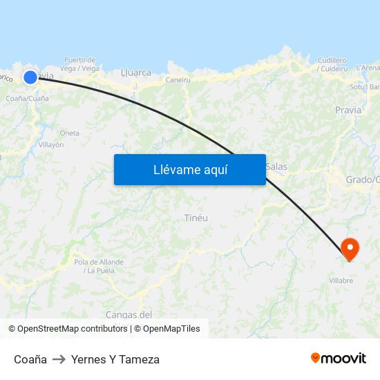 Coaña to Yernes Y Tameza map