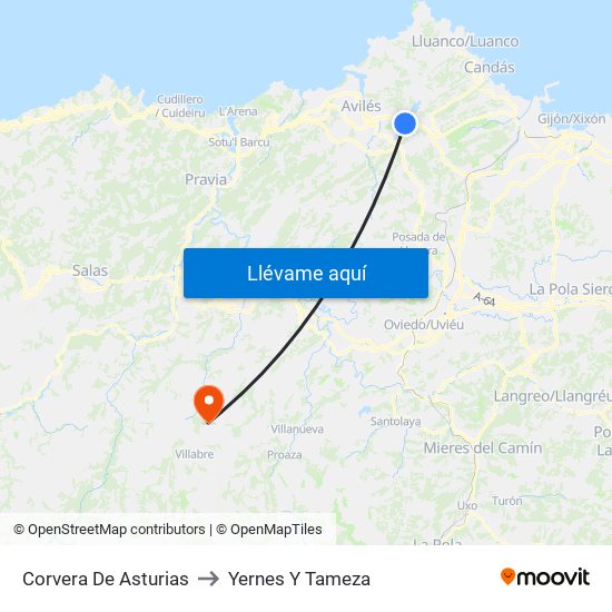 Corvera De Asturias to Yernes Y Tameza map