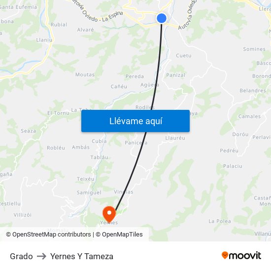Grado to Yernes Y Tameza map