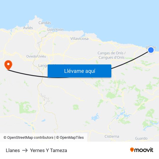 Llanes to Yernes Y Tameza map