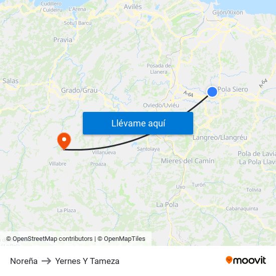 Noreña to Yernes Y Tameza map