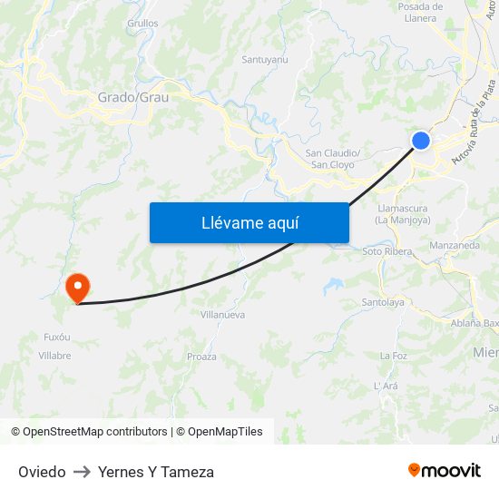 Oviedo to Yernes Y Tameza map