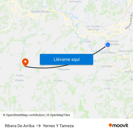 Ribera De Arriba to Yernes Y Tameza map