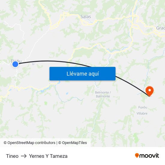 Tineo to Yernes Y Tameza map