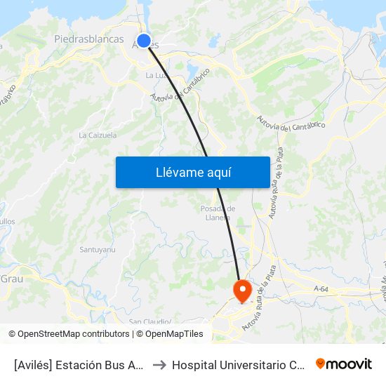 [Avilés]  Estación Bus Avilés [Cta 00161] to Hospital Universitario Central De Asturias map