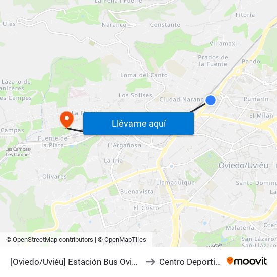 [Oviedo/Uviéu]  Estación Bus Oviedo - Pepe Cosmen [Cta 01549] to Centro Deportivo Florida Arena map