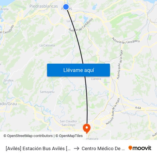 [Avilés]  Estación Bus Avilés [Cta 00161] to Centro Médico De Asturias map