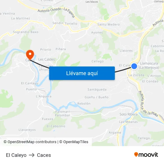 El Caleyo to Caces map