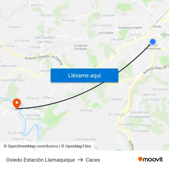 Oviedo Estación Llamaquique to Caces map