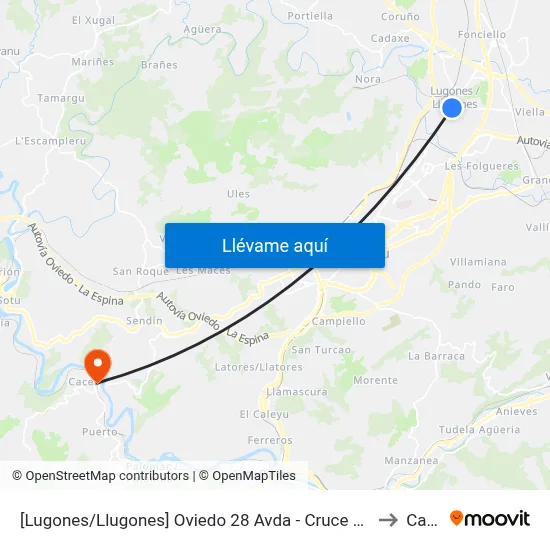 [Lugones/Llugones]  Oviedo 28 Avda - Cruce Viejo [Cta 02075] to Caces map