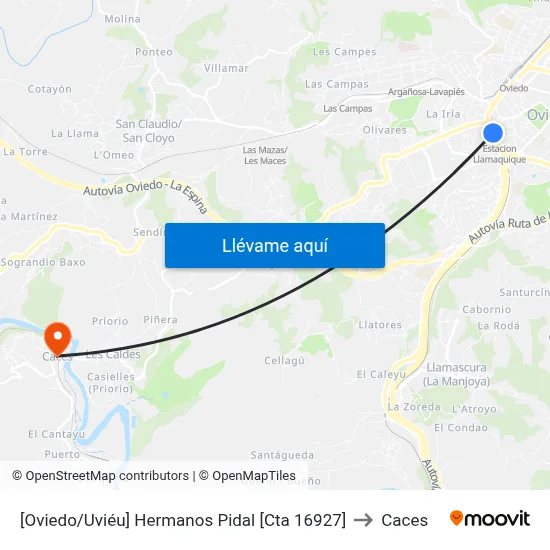 [Oviedo/Uviéu]  Hermanos Pidal [Cta 16927] to Caces map