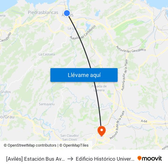 [Avilés]  Estación Bus Avilés [Cta 00161] to Edificio Histórico Universidad De Oviedo map
