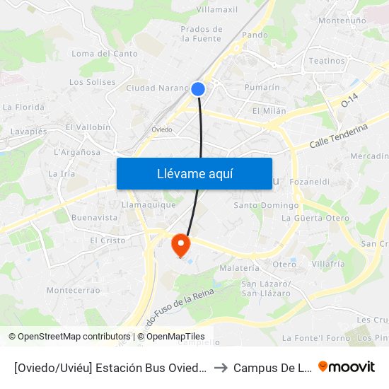 [Oviedo/Uviéu]  Estación Bus Oviedo - Pepe Cosmen [Cta 01549] to Campus De Los Catalanes map
