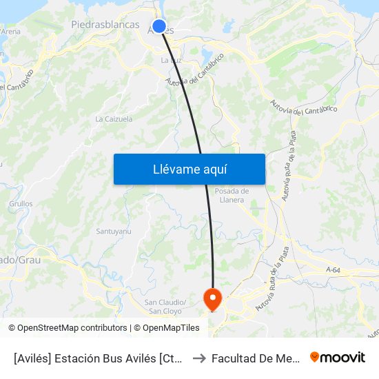 [Avilés]  Estación Bus Avilés [Cta 00161] to Facultad De Medicina map