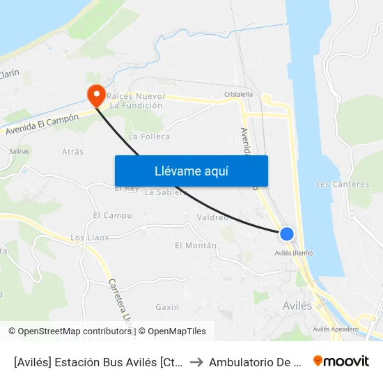 [Avilés]  Estación Bus Avilés [Cta 00161] to Ambulatorio De Raíces map