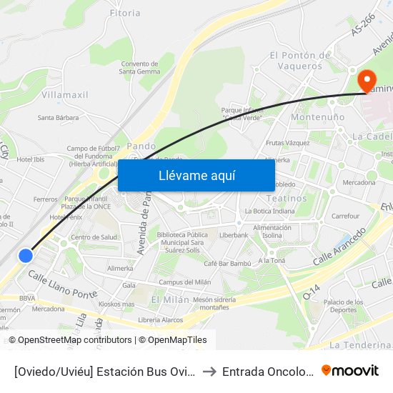 [Oviedo/Uviéu]  Estación Bus Oviedo - Pepe Cosmen [Cta 01549] to Entrada Oncología Radioterápica map