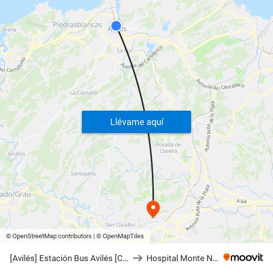 [Avilés]  Estación Bus Avilés [Cta 00161] to Hospital Monte Naranco map