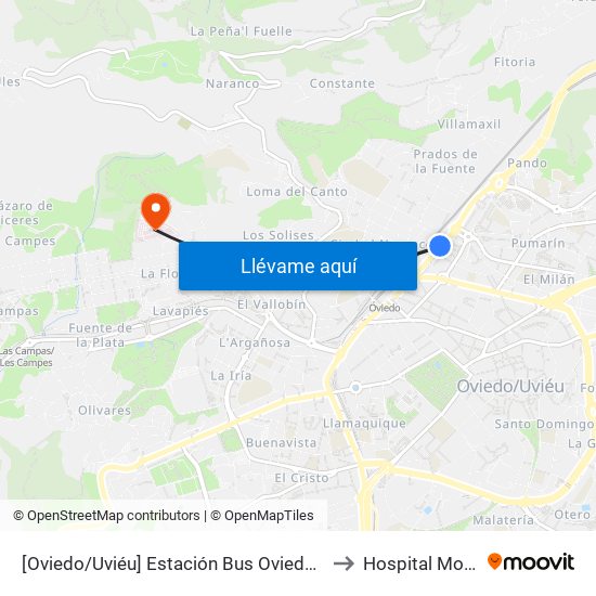 [Oviedo/Uviéu]  Estación Bus Oviedo - Pepe Cosmen [Cta 01549] to Hospital Monte Naranco map