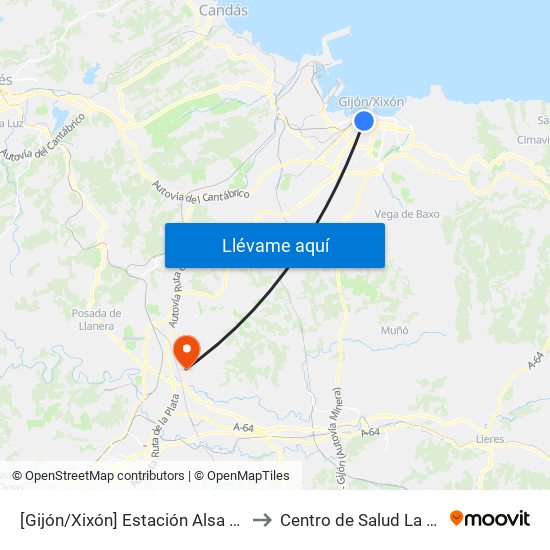 [Gijón/Xixón]  Estación Alsa [Cta 00784] to Centro de Salud La Fresneda map
