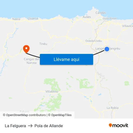 La Felguera to Pola de Allande map
