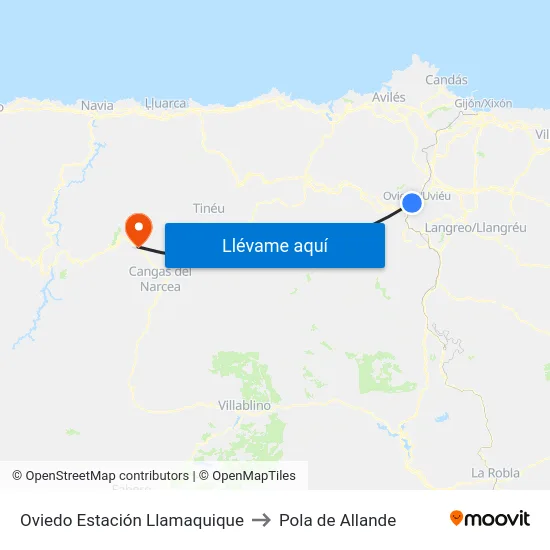 Oviedo Estación Llamaquique to Pola de Allande map