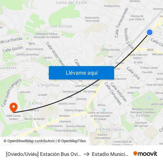 [Oviedo/Uviéu]  Estación Bus Oviedo - Pepe Cosmen [Cta 01549] to Estadio Municipal Carlos Tartiere map