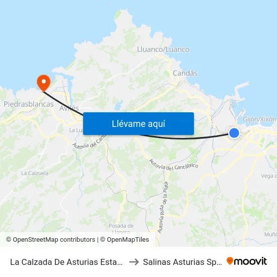 La Calzada De Asturias Estación to Salinas Asturias Spain map