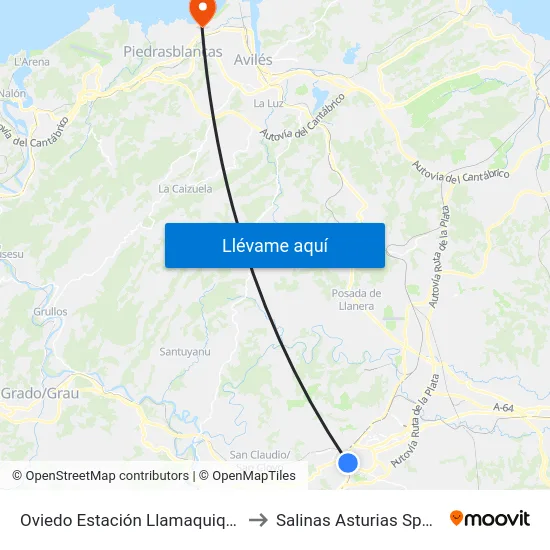 Oviedo Estación Llamaquique to Salinas Asturias Spain map