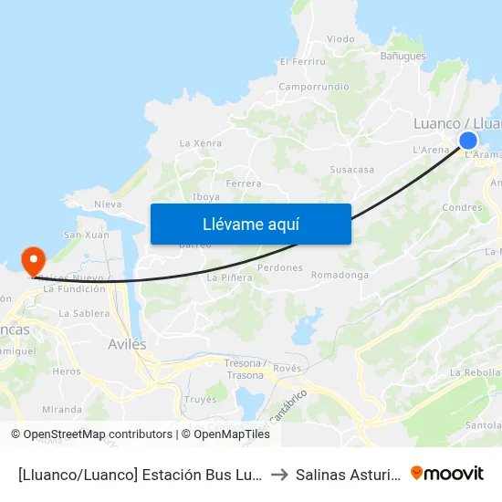 [Lluanco/Luanco]  Estación Bus Luanco [Cta 00299] to Salinas Asturias Spain map