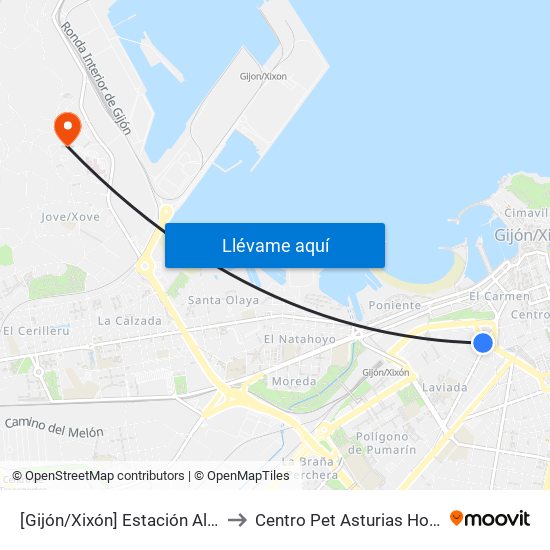 [Gijón/Xixón]  Estación Alsa [Cta 00784] to Centro Pet Asturias Hospital De Jove map
