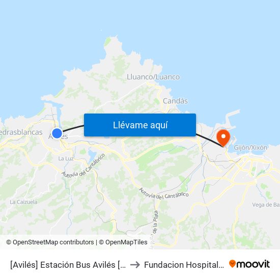 [Avilés]  Estación Bus Avilés [Cta 00161] to Fundacion Hospital De Jove map