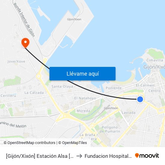 [Gijón/Xixón]  Estación Alsa [Cta 00784] to Fundacion Hospital De Jove map