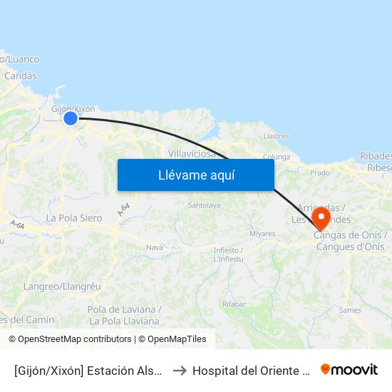 [Gijón/Xixón]  Estación Alsa [Cta 00784] to Hospital del Oriente de Asturias map