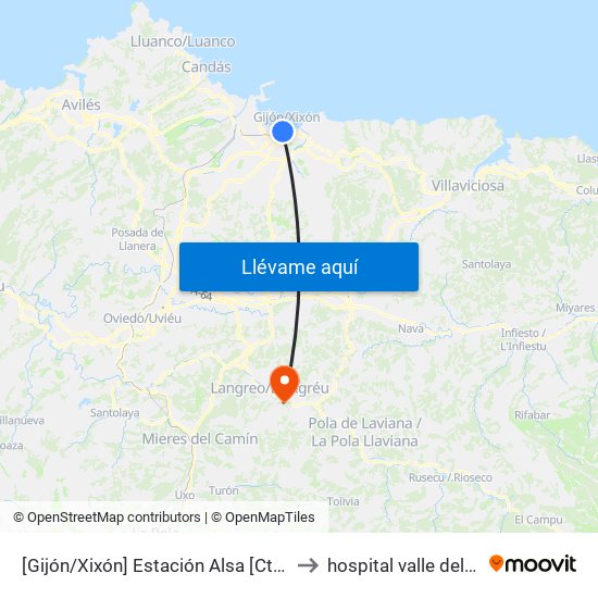 [Gijón/Xixón]  Estación Alsa [Cta 00784] to hospital valle del nalon map